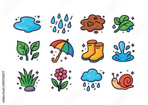 Rain-Soaked Icon Set. Rain-Soaked Earth. Colorful isometric vect