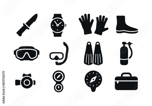 Diving Gear Icons. Diving Accessories. Solid icon set of Diving