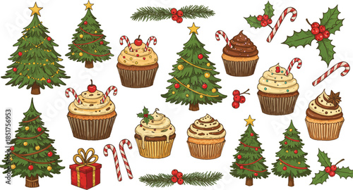 Colorful camping and hiking icons and objects on white background