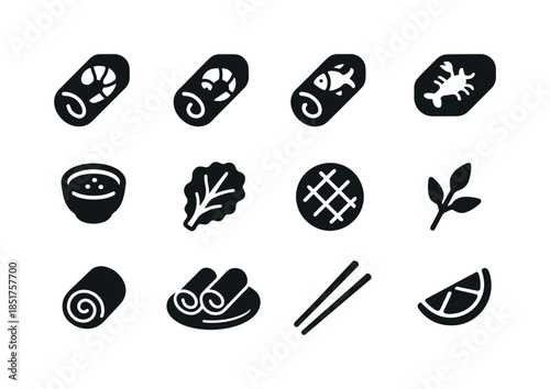 Seafood Rolls Icons. Seafood Spring Rolls. Solid icon set of Sea