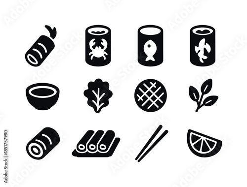 Seafood Rolls Icons. Seafood Spring Rolls. Solid icon set of Sea