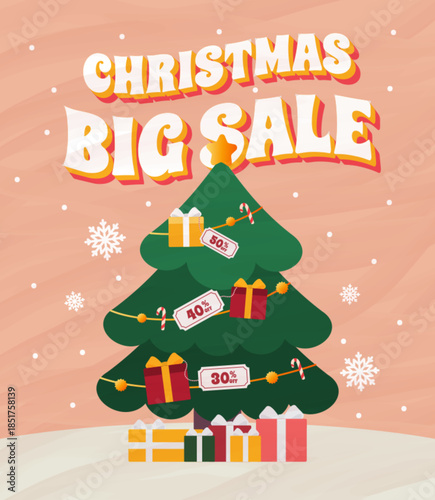 Christmas Big Sale banner with decorated tree, colorful gifts, and discount tags. Perfect for holiday promotions and seasonal marketing campaigns