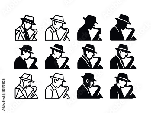 Saxophonist Jazz Logos. A jazz musician playing a saxophone in a