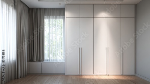 Modern minimalist interior design featuring a spacious wardrobe and large window with natural light in a serene living space