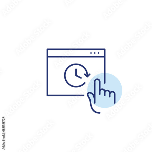 Scheduled content. Posts and updates. Clock on web page and finger click. Timed internet session. Pixel perfect, editable stroke vector icon