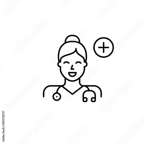 Doctor and plus symbol. Woman wearing stethoscope. New appointment, patient registration. Pixel perfect, editable stroke vector icon
