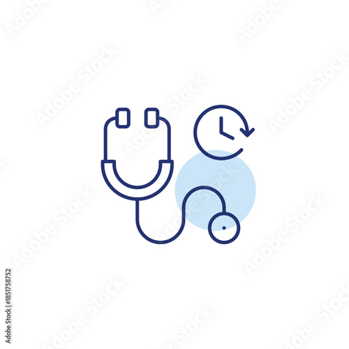 Stethoscope and clock. Scheduled medical doctor appointments, check-ups, or time-sensitive healthcare. Pixel perfect, editable stroke vector icon