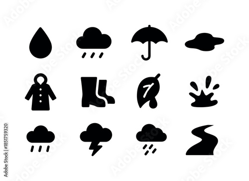 Wet Weather Icons. Wet weather. Solid icon set of wet weather: r