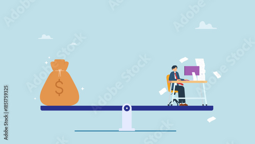 Businessman working hard on busy desk seesaw balance with wages money bag. Wages, salary or income, work hard for money or incentive motivate to work overtime, overworked and life balance.