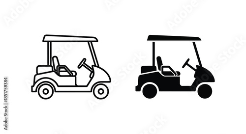 Two golf carts depicted with line art and a solid black silhouette