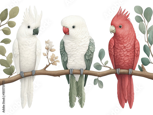 A Colorful Assembly of Parrots: Celebrating the Diversity of Avian Species with Charming Illustrations of Exotic Birds Perched on a Branch Amidst Natural Foliage, png, isolated on transparent backgrou