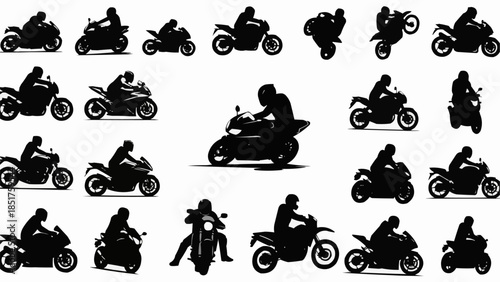 Collection of Motorcycle Rider Silhouettes in Various Poses and Actions.