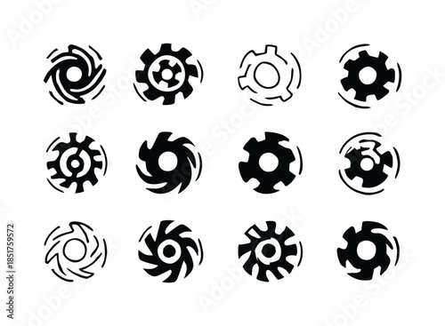 Dynamic Gear Icons. Spinning wheels out of control. Icon set. Se