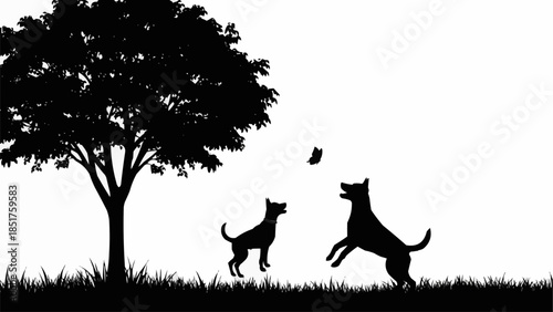 Two dogs playing fetch in a park with a tree silhouette.
