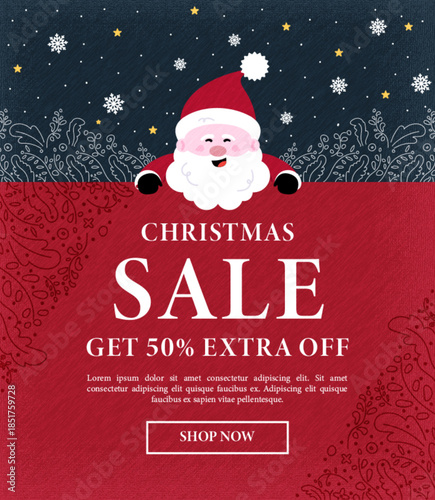 Christmas sale banner with joyful Santa, snowflakes, and 50% extra discount. Ideal festive design for holiday sales and seasonal marketing promotions
