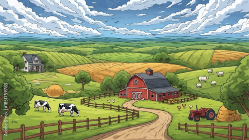 Farm Scene with Cows and Barn.