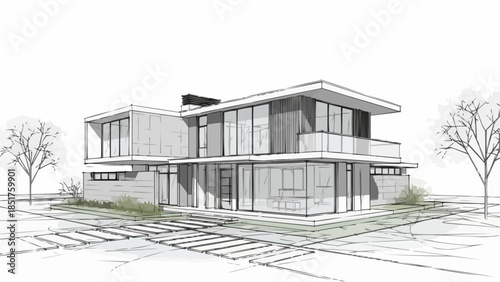Modern Architectural Sketch of a Two-Story Luxury Residence.