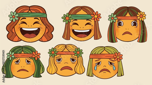Retro Hippie Emoticons Expressing Diverse Emotions.