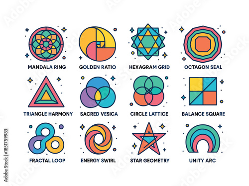 Colorful Mystic Geometry Icons. Mystic geometry. Colorful isomet