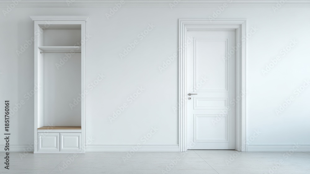 Fototapeta premium Minimalist interior design with a white door and a built-in closet in an empty room showcasing elegance and simplicity in modern architecture