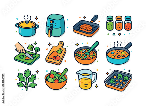 Healthy Cooking Icons. Healthy cooking. Colorful isometric vecto