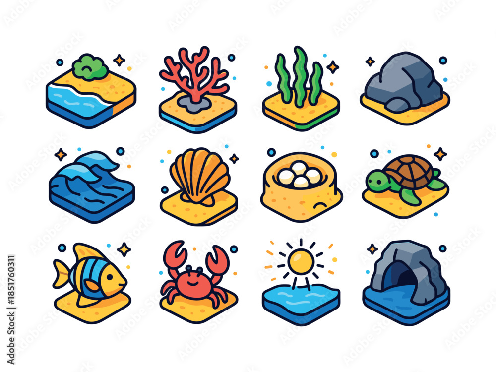 Fototapeta premium Turtle Habitat Icons. Turtle habitat. Colorful isometric vector