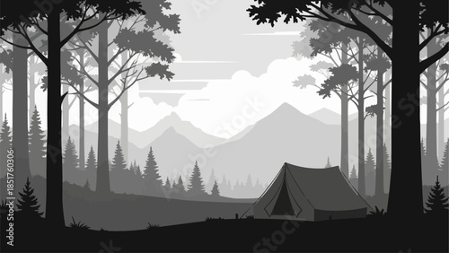 Tent in a serene forest landscape with mountains in the background.