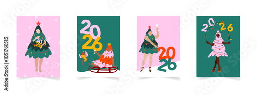 Cartes de voeux 2026 illustrées avec des femmes déguiser en sympa et tenant une coupe de champagne dans les mains pour célébrer la nouvelle année 2026. Création vectorielles dans les tons rose et vert