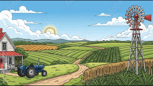 Vintage blue tractor parked outside a farmhouse with a windmill.