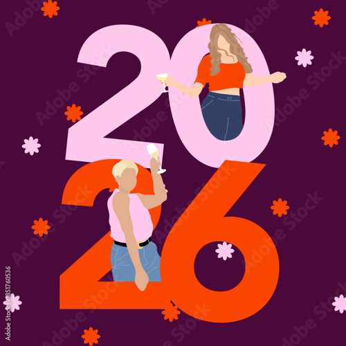 Bonne année 2026, avec des personnages de femmes dansant et sortant des numéros pour célébrer le nouvel an lors d'un réveillon festif. Design vectoriel pour affiches, cartes, bannière,...
