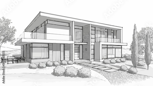 Modern Architectural Sketch of a Two-Story Luxury Residence.