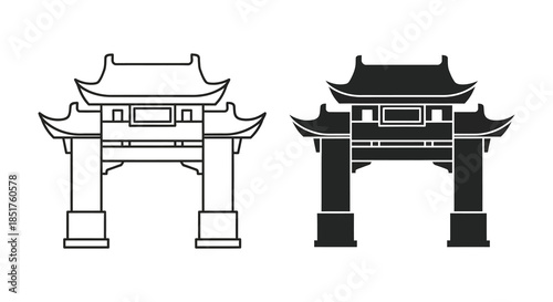 Traditional east asian gate designs shown in outline and bold black silhouette