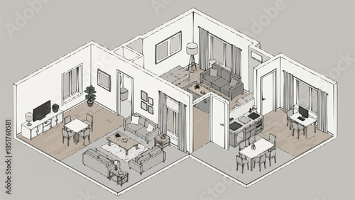 Isometric view of a modern apartment layout with furniture and decor.