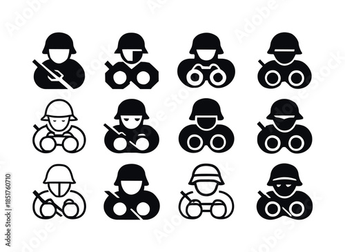 Soldier Logo Variations. Enemy soldiers hiding. Icon set. Set Lo