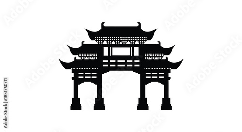 Detailed depiction of a traditional asian gate structure in a striking black silhouette