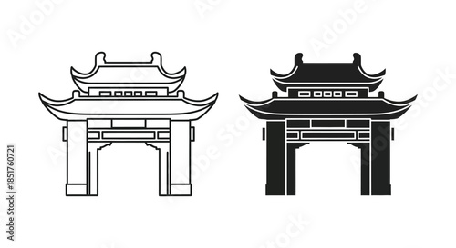 Traditional east asian architecture depicted in both line art and a bold silhouette