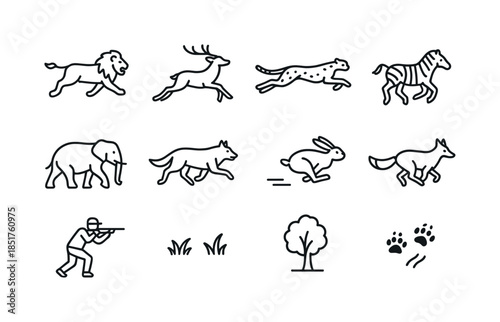 Wildlife Chase Icons. Wildlife chasing. Line icon set of wildlif