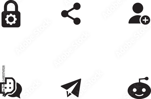Adobe Stock SEO Title: Social Media and Web Communication Vector Icon Set: Share, Add User, Secure Settings, Chat Bubble, Paper Plane, and Robot Bot Glyph Icons