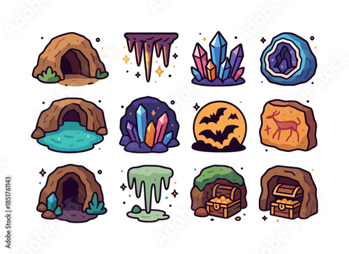 Underground Wonders Icons. Caves, stalactites, and underground w