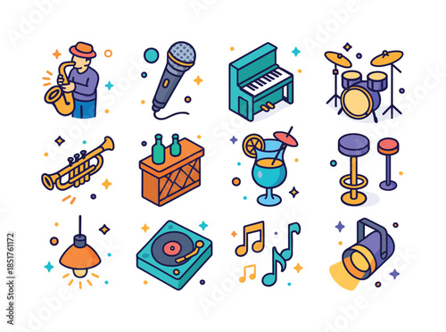 Musical Bar Icons. Bar performance. Colorful isometric vector ic
