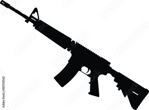 Assault rifle silhouette isolated on white background, modern military firearm illustration for defense, security, tactical design concept vector, graphic, icon