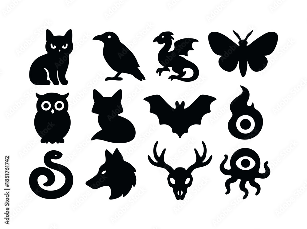 Obraz premium Whimsigoth Creature Icons. Whimsigoth creatures. Solid icon set