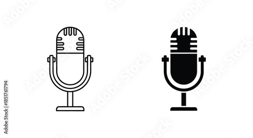 Two vintage style microphones presented as simple black and white illustrations silhouette
