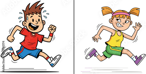 A cheerful boy sweating while running hard alongside a determined girl with intense focus in a competitive sports race.