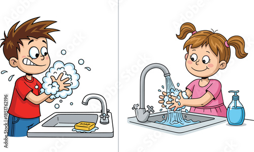 A boy correctly using soap and a girl rinsing well with running water to effectively wash away germs and dirt.