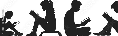Black silhouette collection of people reading books, students sitting and studying, group of readers vector set isolated on white background for education