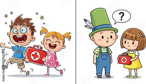 Concept of first aid: A kind girl offers medical kit to an injured boy, contrasted with a boy confused by a girl offering help.