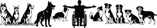 Black silhouette of a man in wheelchair surrounded by different dog breeds, disability inclusion and pet friendship concept vector isolated on white