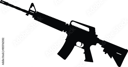 Black assault rifle silhouette, military carbine weapon profile, isolated on white background, tactical firearm illustration for defense, security, and combat