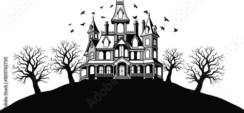 Black silhouette of a spooky haunted Victorian mansion with dead trees and bats on a hill for Halloween mystery horror design